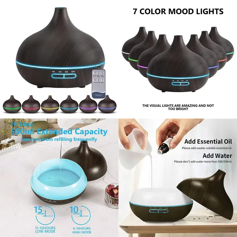 Essential Oils - 550ml 우드 컬러 USB 아로마 디퓨저,